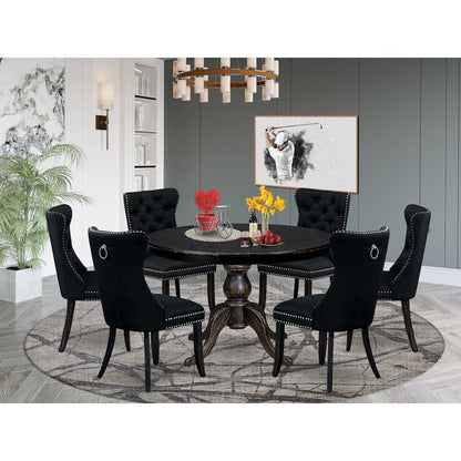 7 Piece Kitchen Table Set Consists Of 48" Round Table In Black Color