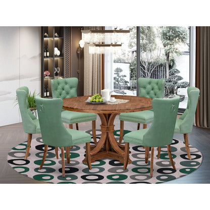 7-Pc Dining Set Contain A Dining Room Table, 6 Willow Green Upholstered Chairs