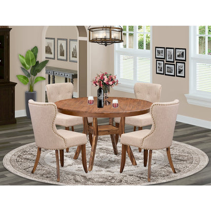 5-Pc Kitchen Table Set A Pedestal Table, 4 Light Tan Linen Fabric Kitchen Chairs