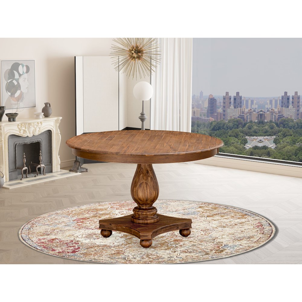 East West Furniture FERRIS, Round Dining Table with Pedestal, Rustic Rubberwood Table in Sandblasting Antique Walnut Finish, 48 Inch