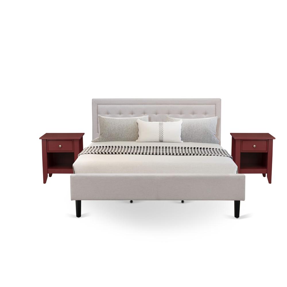FN08K-2GA13 3-Piece Fannin Bedroom Set with 1 King Size Bed and 2 Modern End Tables - Mist Beige Linen Fabric
