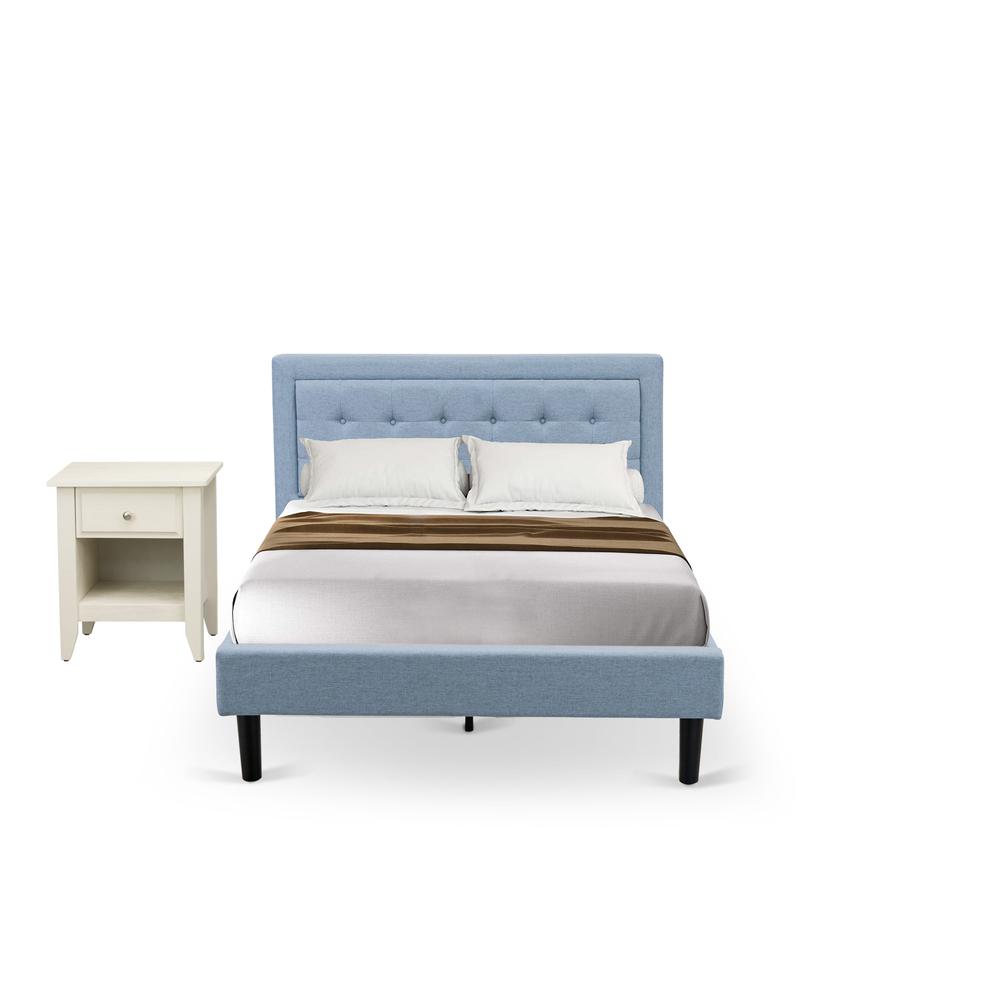 FN11F-1GA0C 2-Piece Platform Full Bedroom Set with 1 Full Bed Frame and a Wooden Night Stand - Denim Blue Linen Fabric