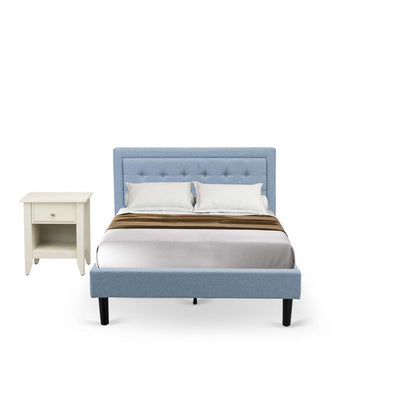 FN11F-1GA0C 2-Piece Platform Full Bedroom Set with 1 Full Bed Frame and a Wooden Night Stand - Denim Blue Linen Fabric