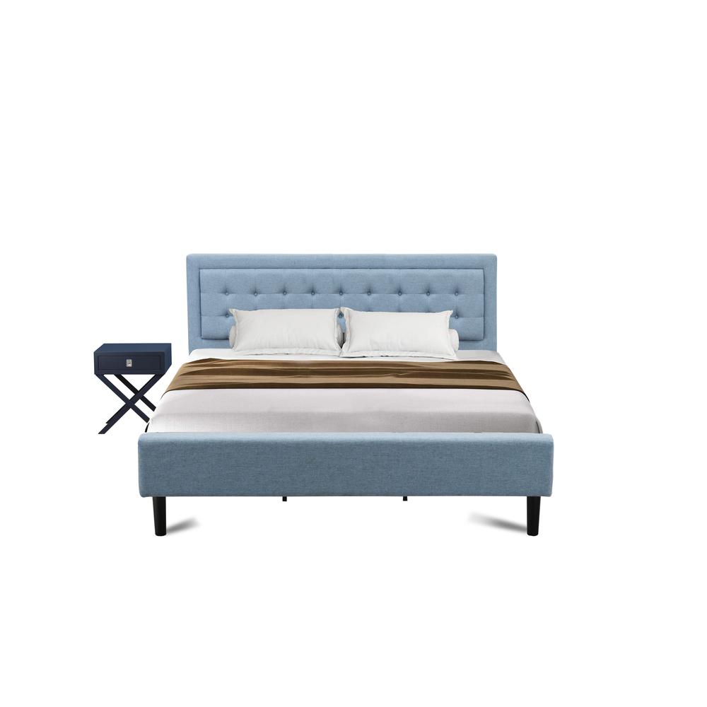 FN11K-1HA15 2-Piece Fannin King Size Bed Set with 1 Bed Frame and a Navy Blue Small Nightstand - Denim Blue Linen Fabric Bed