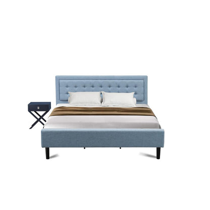 FN11K-1HA15 2-Piece Fannin King Size Bed Set with 1 Bed Frame and a Navy Blue Small Nightstand - Denim Blue Linen Fabric Bed