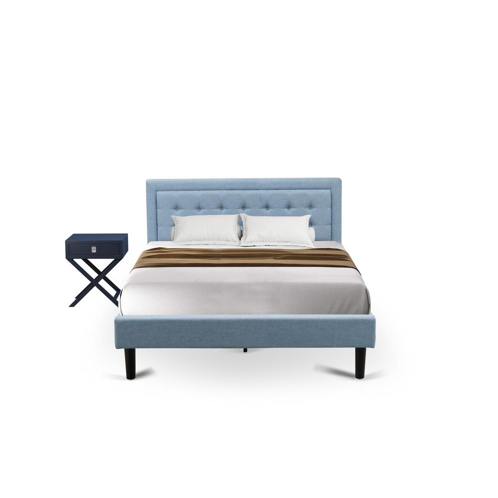 FN11Q-1HA15 2-Piece Platform Queen Bed Set Furniture with 1 Platform Bed and an End Table for bedroom - Denim Blue Linen Fabric
