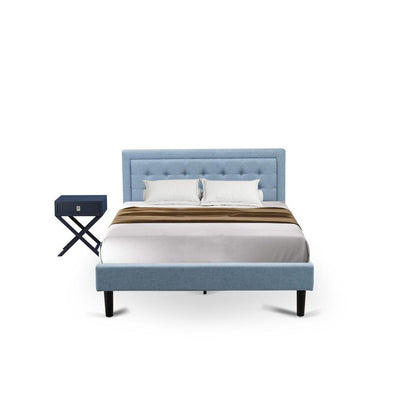 FN11Q-1HA15 2-Piece Platform Queen Bed Set Furniture with 1 Platform Bed and an End Table for bedroom - Denim Blue Linen Fabric