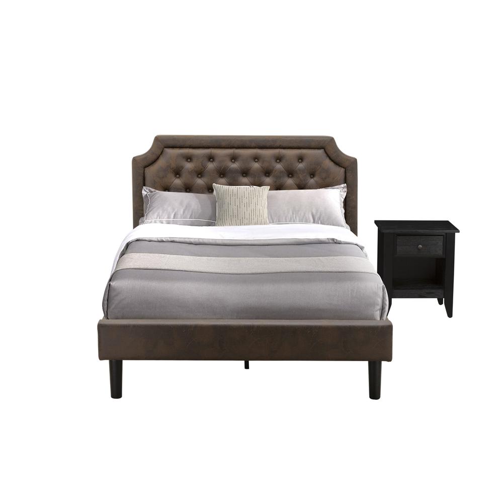 GB25F-1GA06 2-Pc Platform Bed Set with a Full Bed and a Wire brushed Black Night Stand - Dark Brown Faux Leather and Black Legs