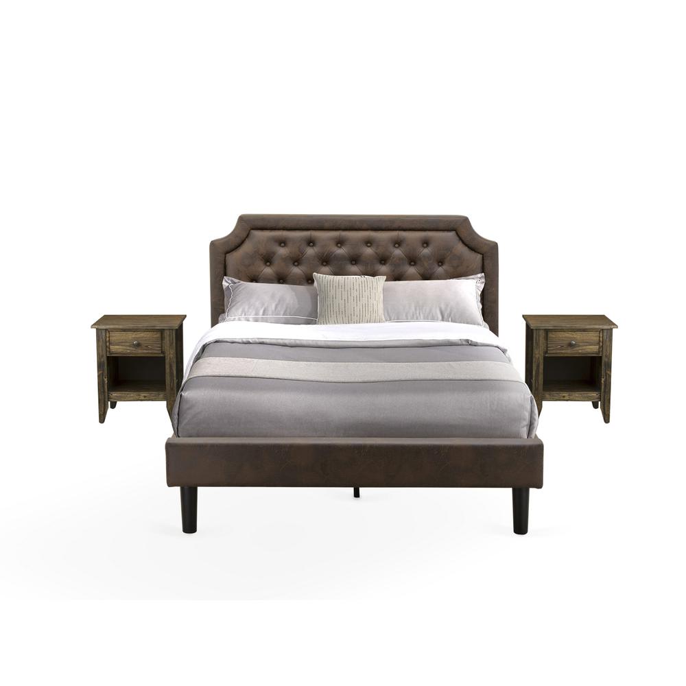 GB25Q-2GA07 3-Pc Queen Bed Set with a Platform Bed and 2 Distressed Jacobean Nightstands - Dark Brown Faux Leather and Black Legs