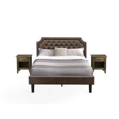 GB25Q-2GA07 3-Pc Queen Bed Set with a Platform Bed and 2 Distressed Jacobean Nightstands - Dark Brown Faux Leather and Black Legs