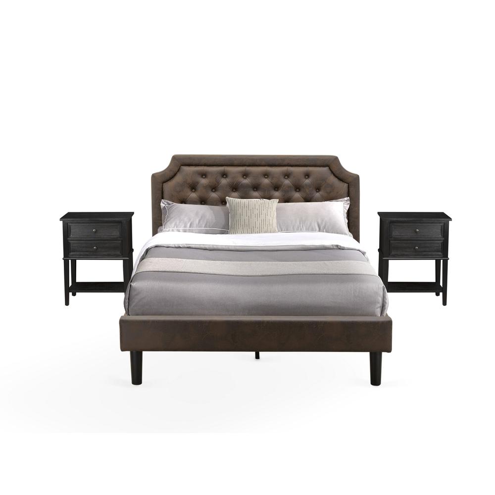 GB25Q-2VL06 3-Pc Bed Set with Frame and 2 Wire Brushed Black End Tables for bedroom - Dark Brown Faux Leather and Black Legs