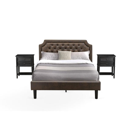 GB25Q-2VL06 3-Pc Bed Set with Frame and 2 Wire Brushed Black End Tables for bedroom - Dark Brown Faux Leather and Black Legs