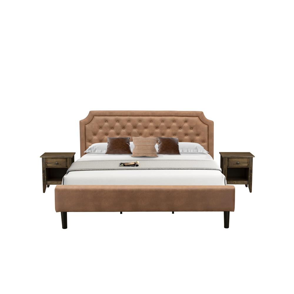 GB28K-2GA07 3-Piece Platform Bed Set with a Modern Bed and 2 Distressed Jacobean End Tables - Brown Faux Leather and Black Legs