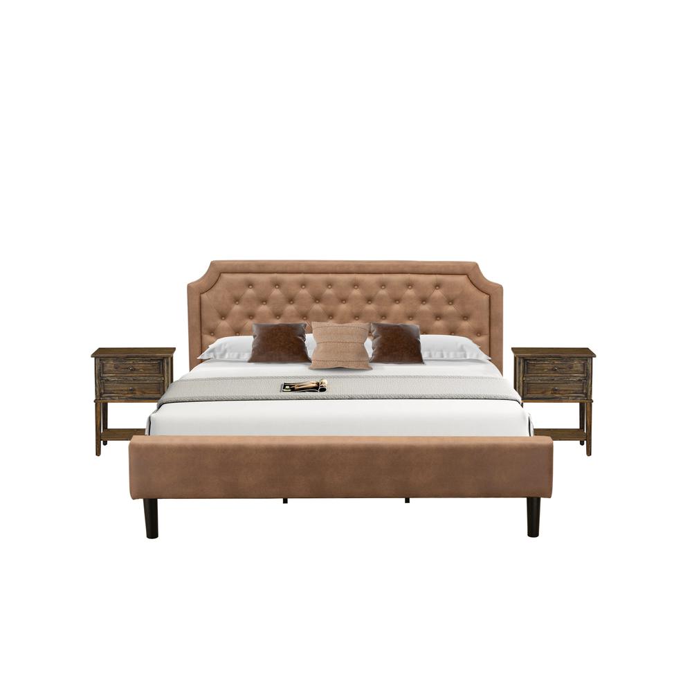 GB28K-2VL07 3-Pc Granbury Bed Set with a King Bedframe and 2 Distressed Jacobean Night Stand - Brown Faux Leather and Black Legs