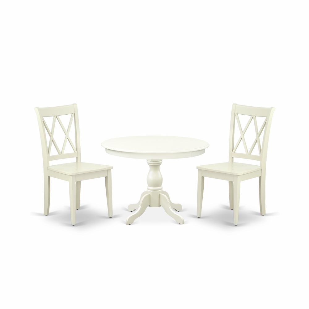 East West Furniture HBCL3-LWH-W 3 Piece Dining Table Set - Linen White Dinner Table and 2 Linen White Kitchen Chairs with Double X-Back - Linen White Finish