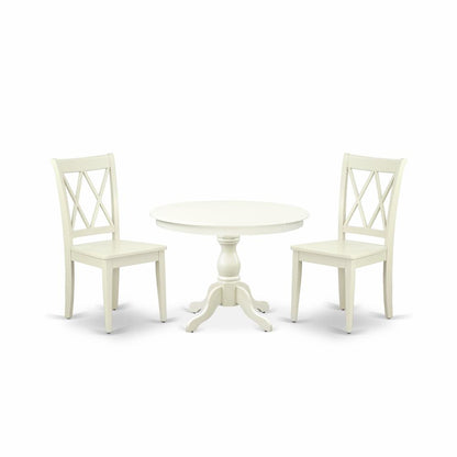 East West Furniture HBCL3-LWH-W 3 Piece Dining Table Set - Linen White Dinner Table and 2 Linen White Kitchen Chairs with Double X-Back - Linen White Finish