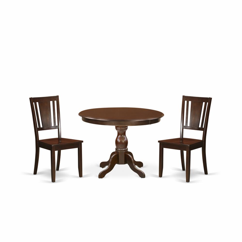 East West Furniture HBDU3-MAH-W 3 Piece Dinette Set - Mahogany Dining Room Table and 2 Mahogany Kitchen & Dining Room Chairs with Panel Back - Mahogany Finish