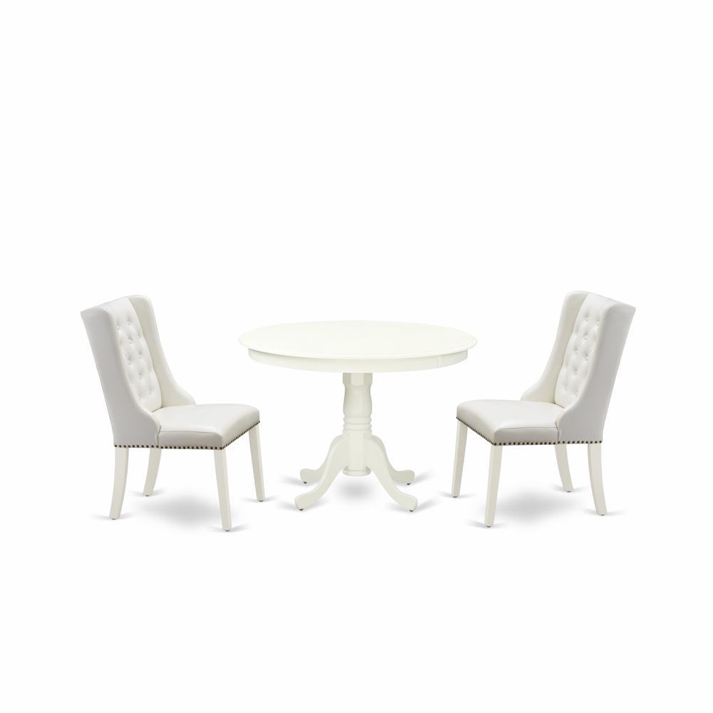 East West Furniture HLFO3-LWH-44 3-Pc Kitchen Table Set Includes 1 Pedestal Kitchen Table and 2 Light Grey Linen Fabric Parson Chairs with Button Tufted Back - Linen White Finish