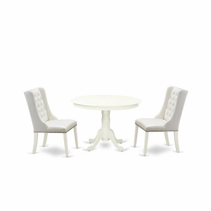 East West Furniture HLFO3-LWH-44 3-Pc Kitchen Table Set Includes 1 Pedestal Kitchen Table and 2 Light Grey Linen Fabric Parson Chairs with Button Tufted Back - Linen White Finish
