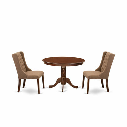 East West Furniture HLFO3-MAH-47 3-Piece Kitchen Dining Room Set Includes 1 Pedestal Dining Table and 2 Light Sable Linen Fabric kitchen chairs with Button Tufted Back - Mahogany Finish
