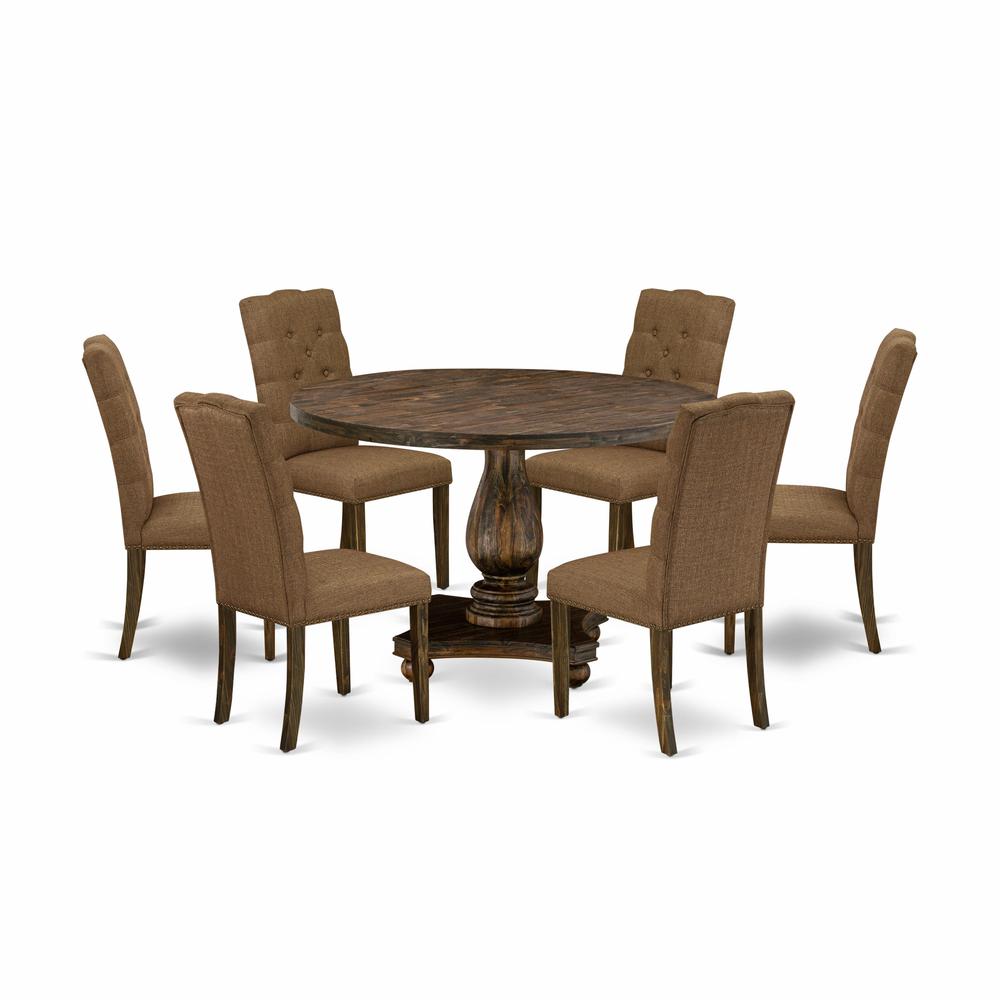 East West Furniture 7 Piece Dining Room Set Contains a Dining Table and 6 Brown Linen Fabric Parson Chairs with Button Tufted Back - Distressed Jacobean Finish