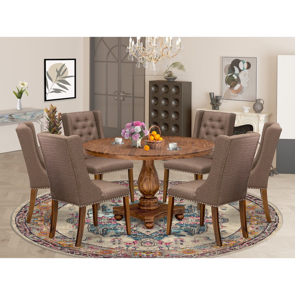 7-Piece Dining Set A Mid Century Modern Table, 6 Brown Linen Fabric Chairs