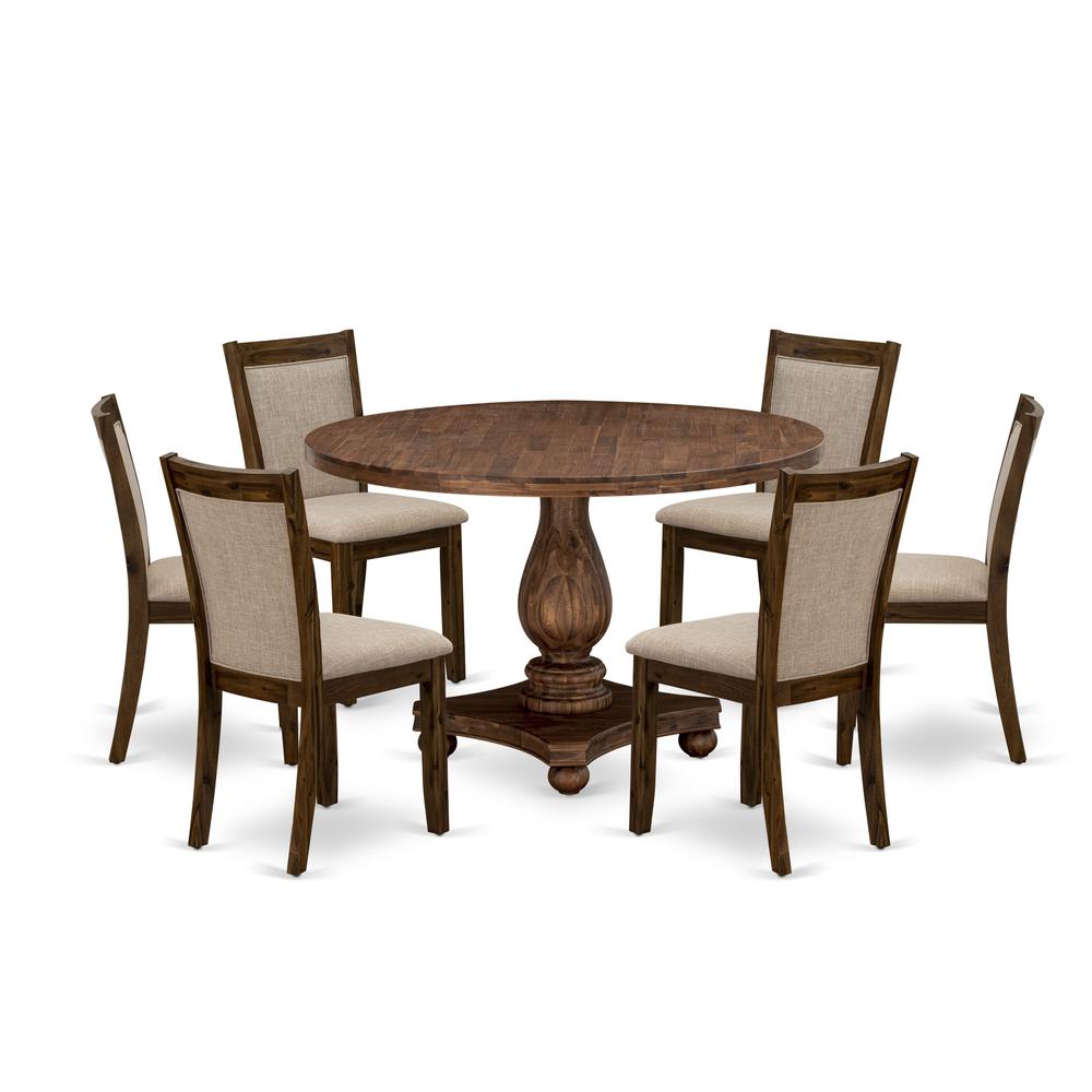 East West Furniture 7-Piece Dinner Table Set - Round Modern Dining Table and 6 Light Tan Color Parson Wood Dining Chairs with High Back - Antique Walnut Finish