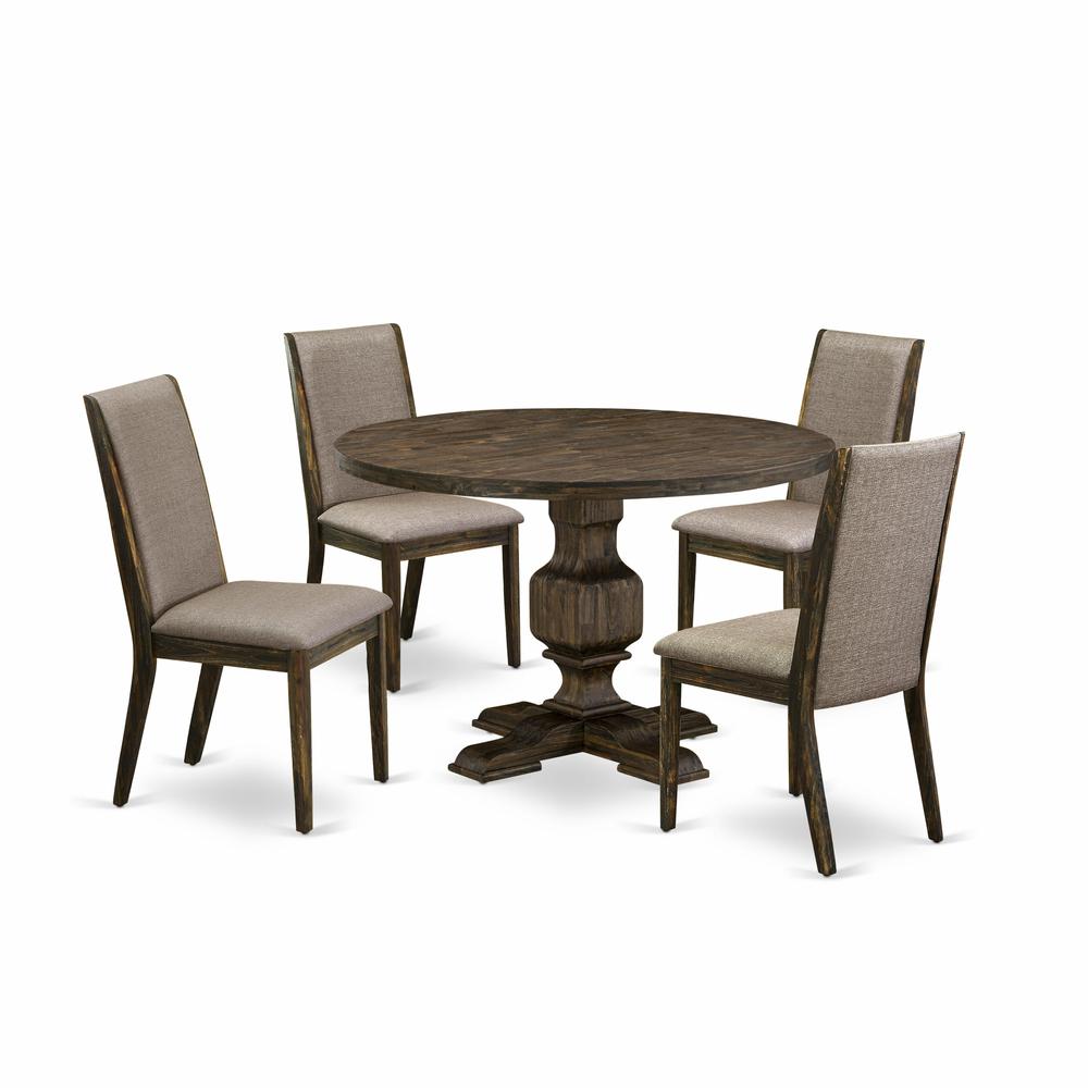 East West Furniture 5 Piece Modern Dining Set Contains a Dinner Table and 4 Dark Khaki Linen Fabric Modern Dining Chairs with High Back - Distressed Jacobean Finish