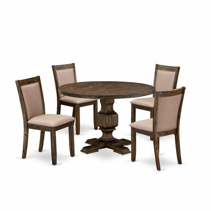 East West Furniture 5 Piece Dining Room Set Includes a Mid Century Dining Table and 4 Dark Khaki Linen Fabric Kitchen Chairs with High Back - Distressed Jacobean Finish