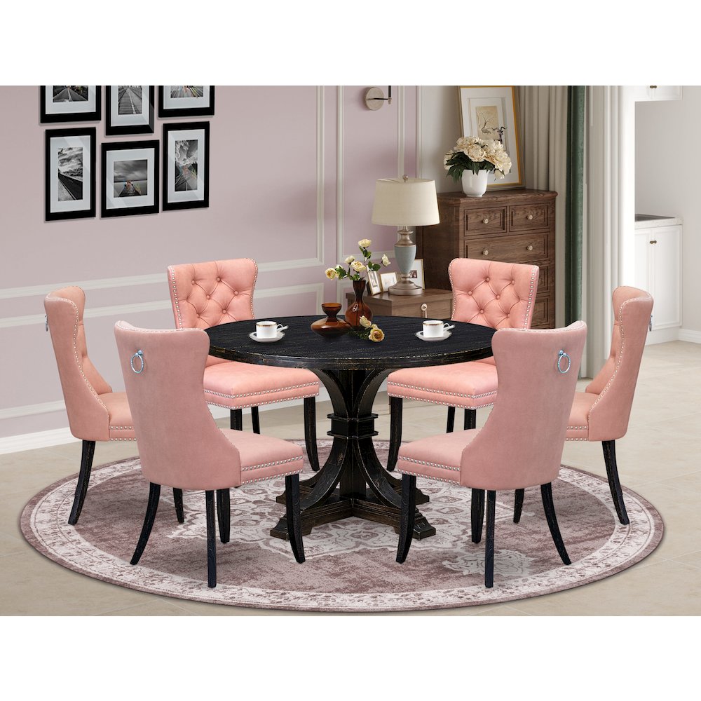 7 Piece Dining Set Includes 48" Round Kitchen Table In Beige Red Color