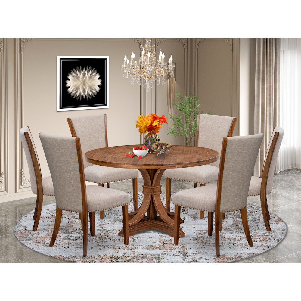 7 Piece Dining Set Consists Of 54" Round Kitchen Table In Light Tan Color