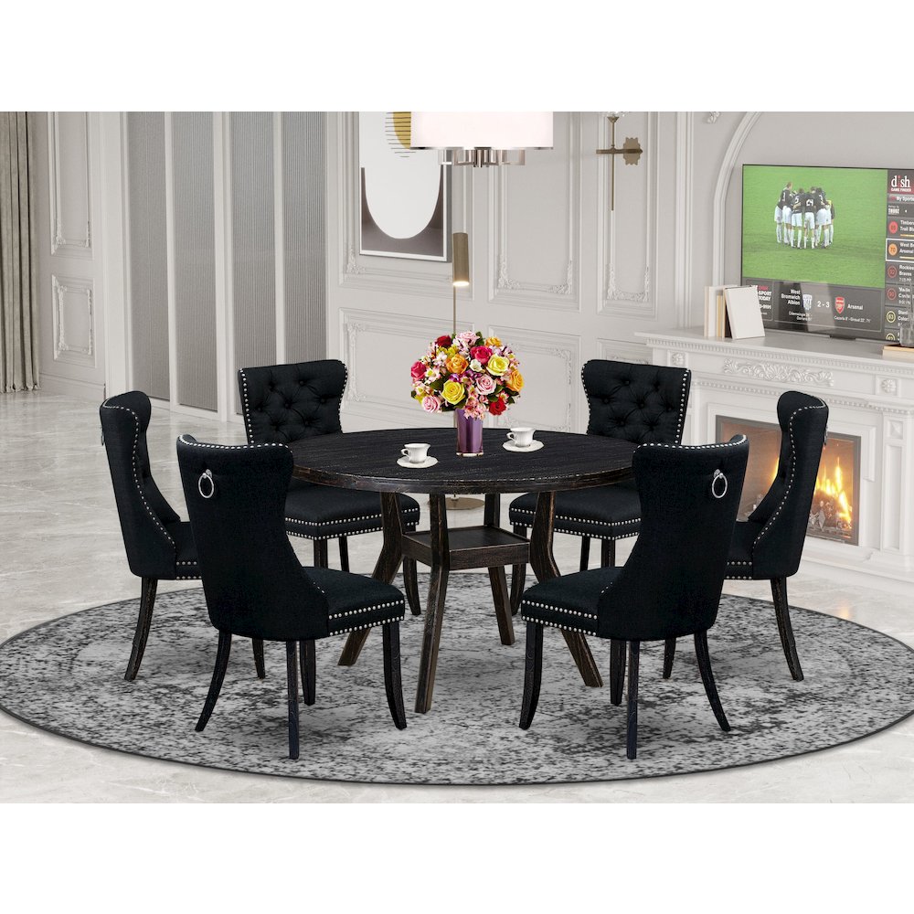7-Piecemodern Dining Set Of A Wood Table, 6 Black Linen Fabric Modern Chair