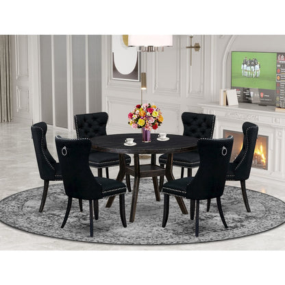 7-Piecemodern Dining Set Of A Wood Table, 6 Black Linen Fabric Modern Chair