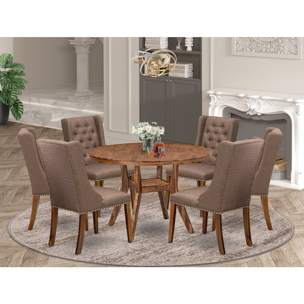 7-Piece Dining Table Set Consist Of A Wooden Kitchen Table, 6 Brown Fabric Chair