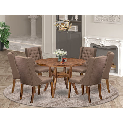 7-Piece Dining Table Set Consist Of A Wooden Kitchen Table, 6 Brown Fabric Chair