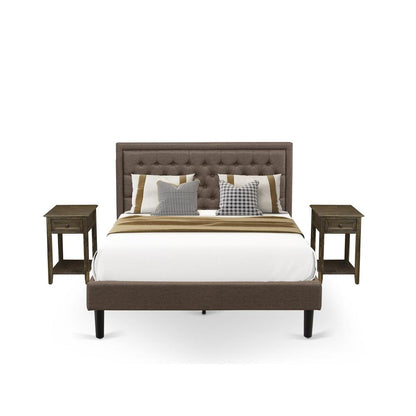 KD18Q-2DE07 3 Pc Bed Set - Modern Bed Frame Brown Headboard with 2 Mid Century Nightstand - Black Finish Legs