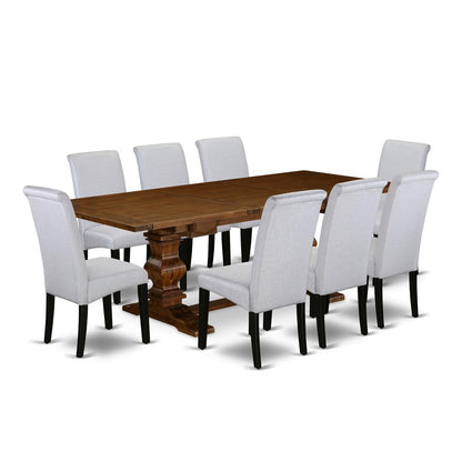 East West Furniture Lassale 9 Piece Modern Dining Set Includes a Rectangle Wooden Table with Removable Leaf and 8 Grey Linen Fabric Upholstered Chairs, 42x92 Inch