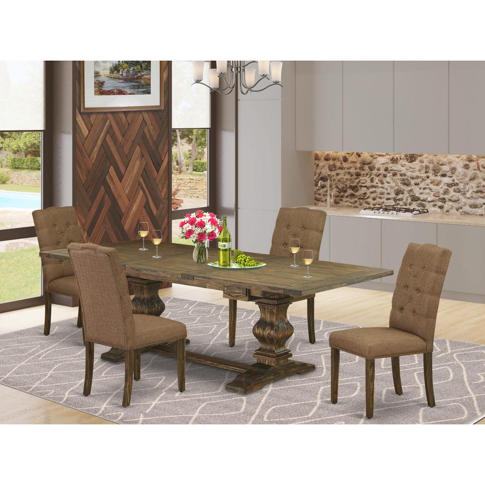 East West Furniture LAEL5-77-18 5 Piece Dining Room Table Set Includes a Rectangle Removable Leaf Kitchen Table and 4 Brown Linen Linen Fabric Upholstered Chairs, 42x92 Inch, Jacobean