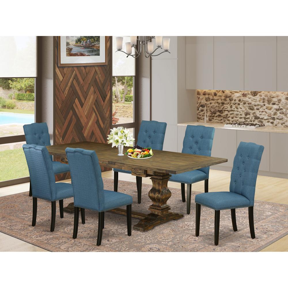 7-piece kitchen table set with Chair’s Legs and Mineral Blue Linen Fabric