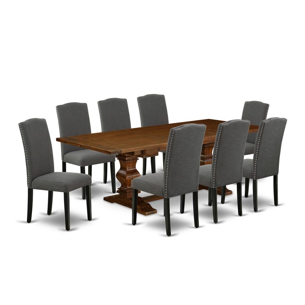 East West Furniture LAEN9-81-20 9 Piece Dining Room Table Set Includes a Rectangle Kitchen Table with Removable Leaf and 8 Dark Gotham Linen Fabric Parson Chairs, 42x92 Inch, Walnut