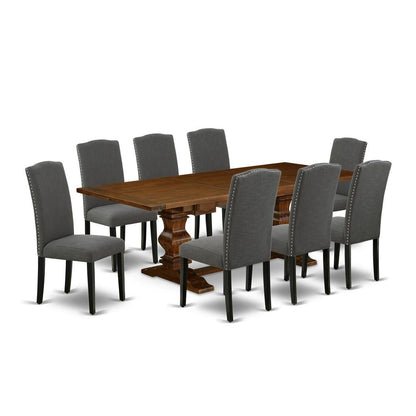 East West Furniture LAEN9-81-20 9 Piece Dining Room Table Set Includes a Rectangle Kitchen Table with Removable Leaf and 8 Dark Gotham Linen Fabric Parson Chairs, 42x92 Inch, Walnut