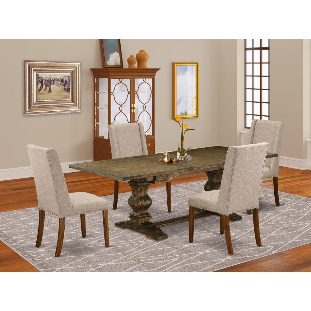 East West Furniture LAFL5-78-04 5 Piece Dining Table Set for 4 Includes a Rectangle Kitchen Table with Removable Leaf and 4 Light Tan Linen Fabric Parsons Chairs, 42x92 Inch, Jacobean
