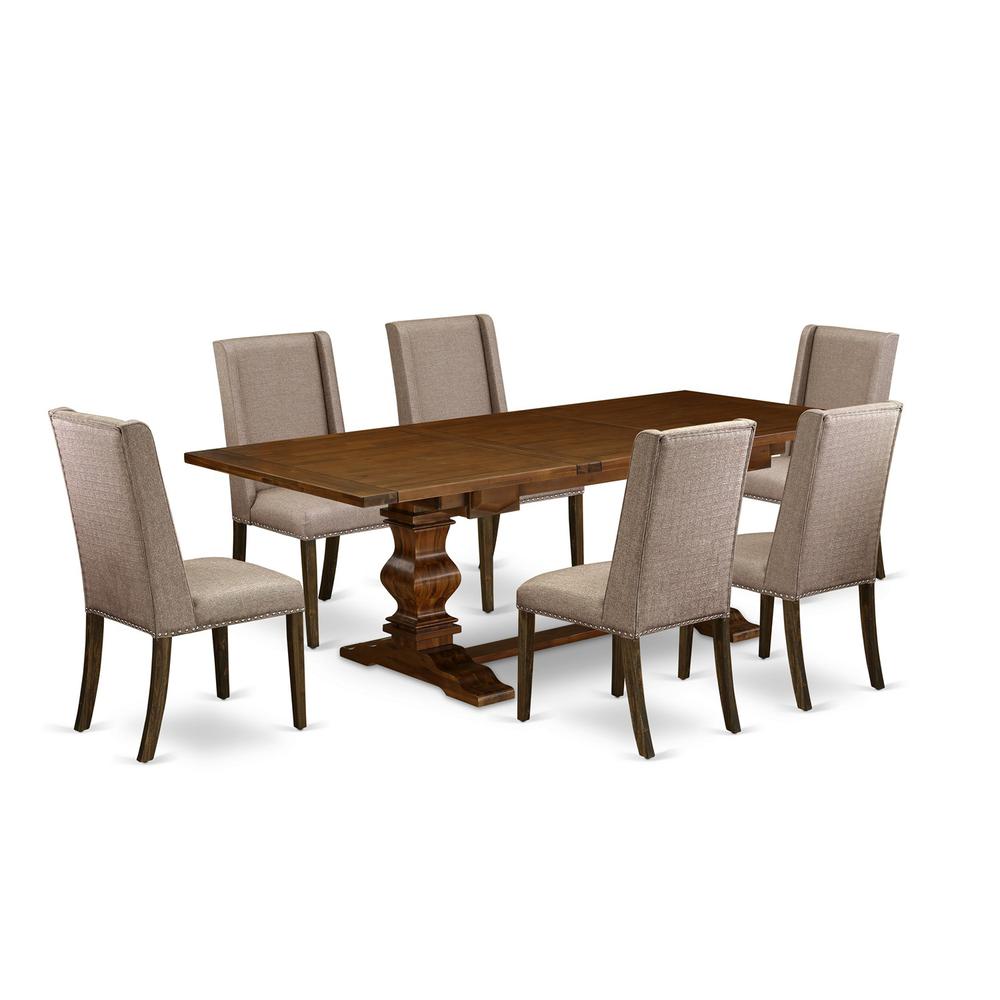 Lassale 7 Piece Set Consist of a Rectangle Dining Room Table with Butterfly Leaf and 6 Dark Khaki Linen Fabric Parson Chairs, 42x92 Inch, Walnut