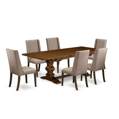 Lassale 7 Piece Set Consist of a Rectangle Dining Room Table with Butterfly Leaf and 6 Dark Khaki Linen Fabric Parson Chairs, 42x92 Inch, Walnut