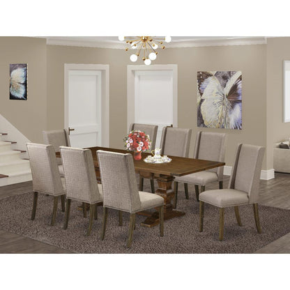 9-piece dining set with Chair’s Legs and Dark Khaki Linen Fabric