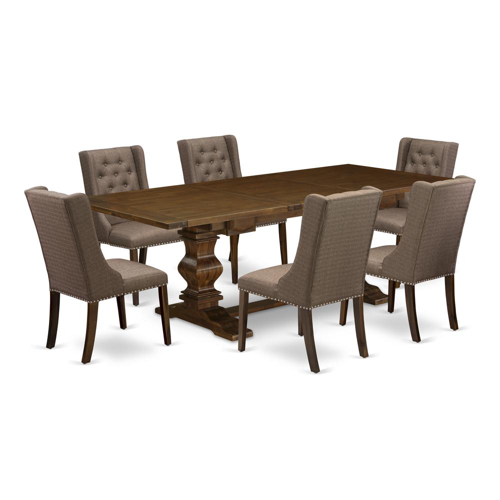 East West Furniture LAFO7-88-18 7-Pc Kitchen Table Set Includes 1 Butterfly Leaf Double Pedestal Table and 6 Brown Linen Fabric Kitchen Chairs with Button Tufted Back - Antique Walnut Finish