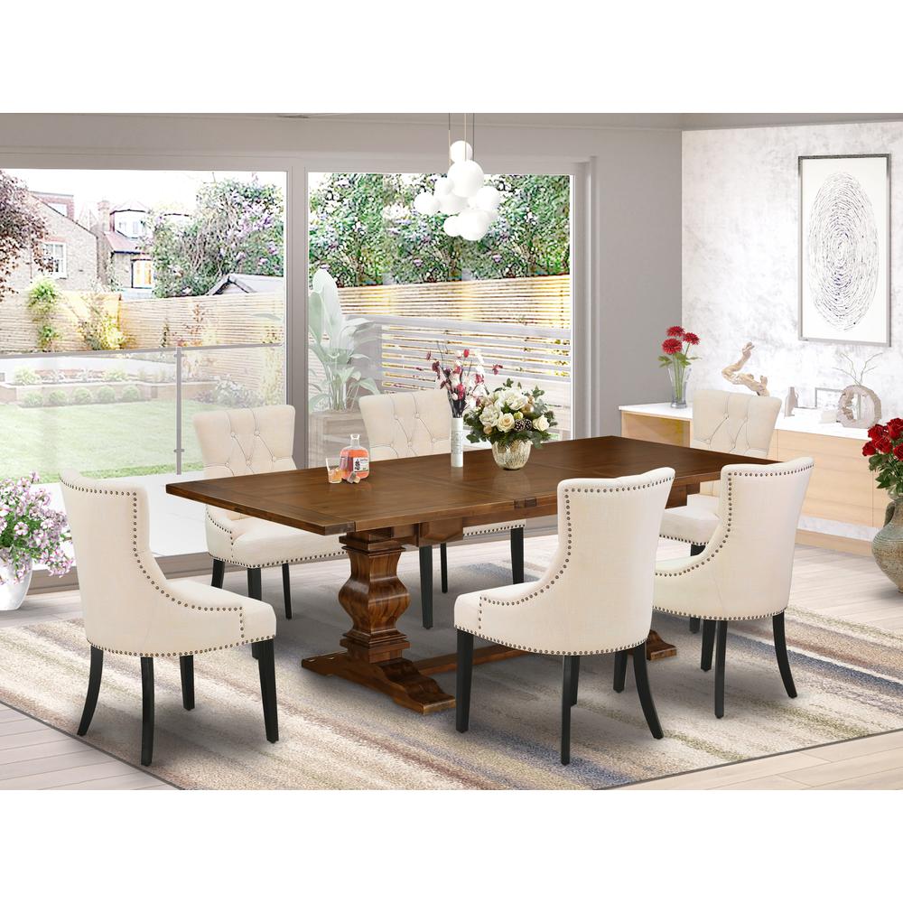 7 Piece Dining Room Set Consist of a Rectangle Wooden Table with Butterfly Leaf and 6 Light Beige Linen Fabric Parson Dining Chairs, 42x92 Inch, Walnut