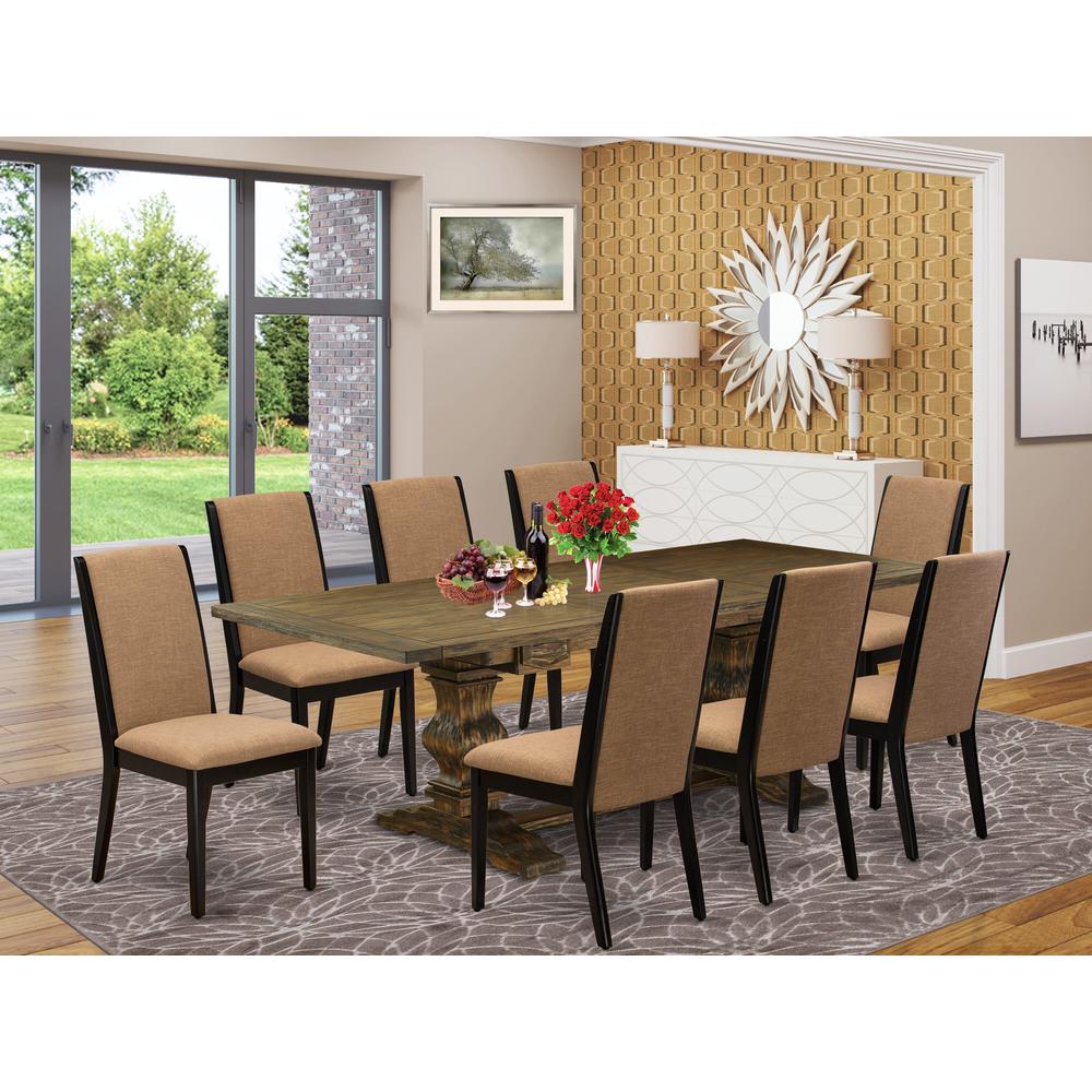 9 Piece Dining Room Set Includes a Rectangle Wooden Table with Removable Leaf and 8 Light Sable Linen Fabric Parson Dining Chairs, 42x92 Inch, Jacobean