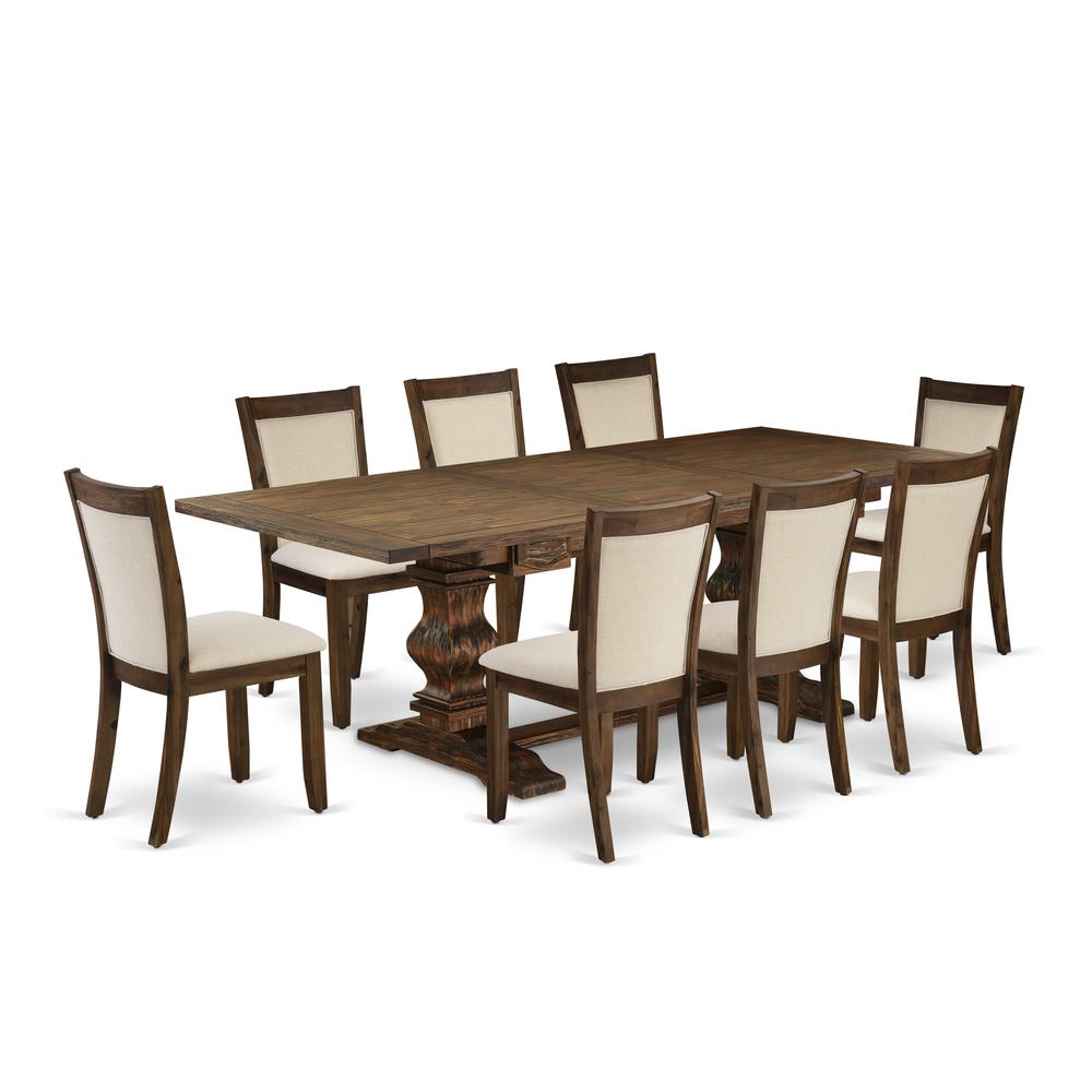 East West Furniture 9-Pcs Kitchen Table Set - 1 Rectangular Wood Table with Double Pedestal and 8 Light Beige Linen Fabric Kitchen Chairs with Stylish Back (Distressed Jacobean Finish)