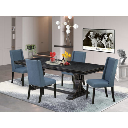 5 piece dining set consists of a dinner table and 4 Linen Fabric dining chairs